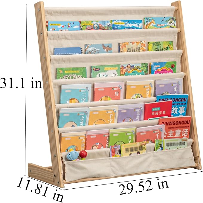 7 Tier Wooden Kids Bookshelf Book Holder Natural Wood Book Rack Storage Bookshelf for Kids Room Study Room Play Room Toy Storage Organizer (W: 29.52")