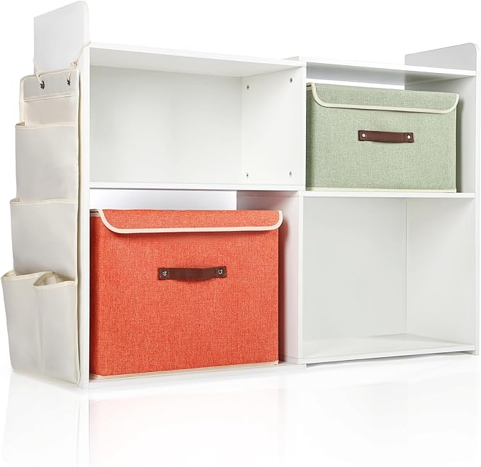 4 Cube Storage Organizer, 32inch Wooden Extendable Book Shelf DIY Bookcase with 2 pcs Storage Cabinet and Side Pockets, Open Storage Cabinet for Living Room, Bedroom, Home, Office