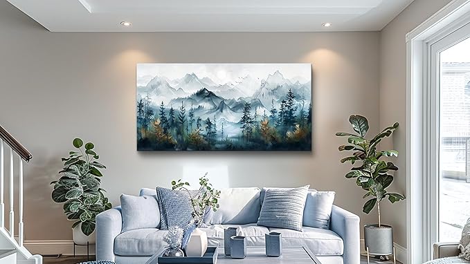 FUHAIHUA Large Wall Decor For Living Room Canvas Wall Art For Bedroom Office Decorations Hotel Room Mural Misty Forests Trees Wall Pictures Artwork Ink Landscape Painting Modern Home Decor 24x48 In