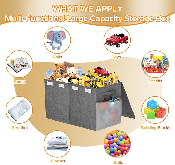 Large Toy Box Chest, Collapsible Sturdy Toy Storage Organizer Boxes Bins Baskets Dinosaur Kids Toy Chest Bin with Lids for Boys Girls Living Room Playroom Bedroom Nursery 25"x14"x16" Gray