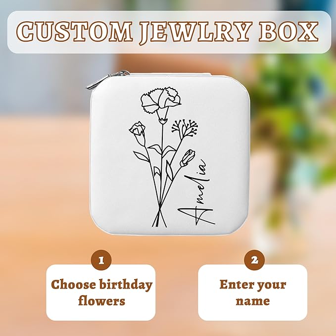 Personalized Jewelry Box, Custom Travel Jewelry Organizer with Birth Flower and Name, Personalized Gifts for Women, Girls, Mother, Wife, Bridesmaid, Custom Gifts for Birthday, Wedding, Anniversary