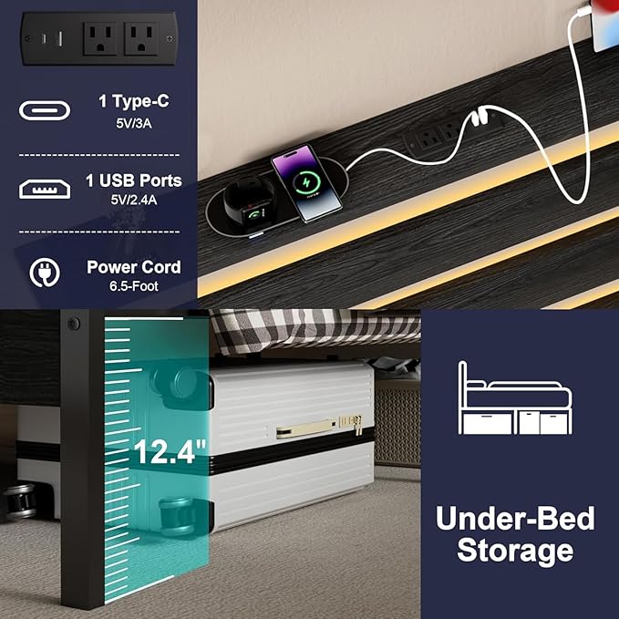 Twin Bed Frame with LED Lights & Charging Station, Storage Headboard, Heavy Duty Metal Slats, No Box Spring Needed, Noise-Free, Easy Assembly, Black