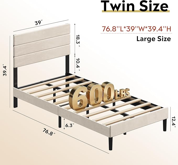 WLIVE Twin Size Upholstered Bed Frame, Velvet Square Tufted Headboard,Sturdy Metal & Wooden Slats Support, No Box Spring Needed, Light Grey
