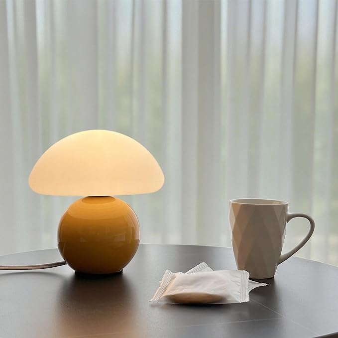 Mushroom Lamp Ceramic Base,Yellow Cute 70s Mid Century Modern Decor Lamp for Bedroom,Small Abstract Table Bedside Glass Mood Coze Fun Warm Light