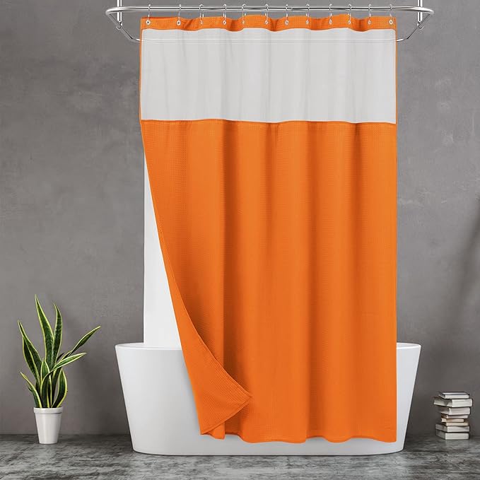 N&Y HOME Waffle Weave Shower Curtain with Snap-in Fabric Liner & 12 Metal Hooks Set - Hotel Style, Waterproof & Washable, Heavyweight Fabric & Mesh Top Window - 71x72, Orange