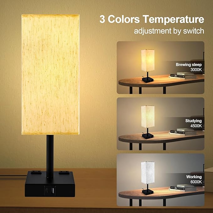 Touch Table Lamp for Bedroom, Stepless Dimmable Bedside Lamp with USB C+A Ports & 3 Color Temperatures, Nightstand Light for Living Room Office, LED Bulb Included (Beige)