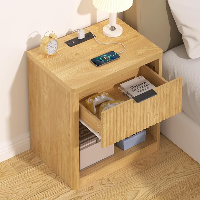 HOMMPA 22'' Fluted Nightstand with Charging Station, Modern Bedside Table w/Storage, End Table w/Drawer & Open Compartment, Wooden Bedside End Table for Bedroom, Living Room, Curved Profile Design