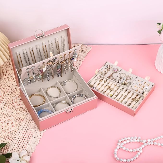 BOOVO Earring Jewelry Box For Women Girl Stud Organizer, 4 Layers Girl Jewelry Organizer Box With Lock Earring Holder Organizer Necklace Ring Jewelry Organizer Box For Girls (Rose Gold, 4 layer)