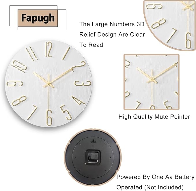 Faupugh Wall Clock Battery Powered 12 inch Silent Wall Clock, Exquisite Modern Style Decorative Clock, Suitable for Home, Office, School, Kitchen, Bedroom, Living Room (White)