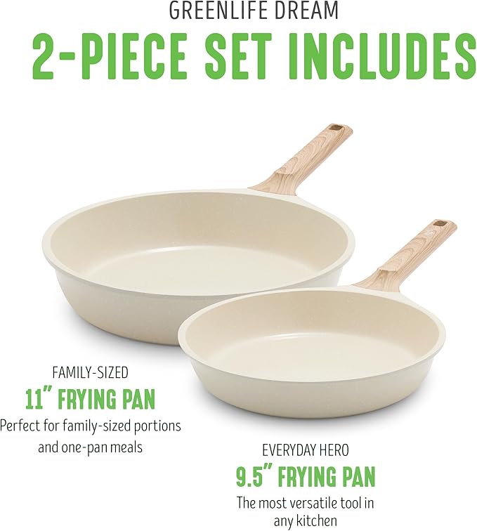 GreenLife Nonstick 2 Piece Frying Pan Set, 9.5" & 11" Skillets Ceramic PFAS-Free Nontoxic, Induction Suitable, Wood Print Handles, Stay-Cool Handles, Deep Cooking Skillets, Egg Pan, Granite Cream