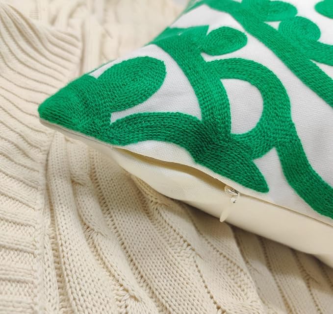 Alysheer Embroidered Decorative Throw Pillow Cover 18x18 inch, 100% Cotton Canvas Cozy Warm Knit Pattern Cushion Case for Sofa Couch Living Room Office Holiday Decor Gifts (Happy Christmas Tree Green)