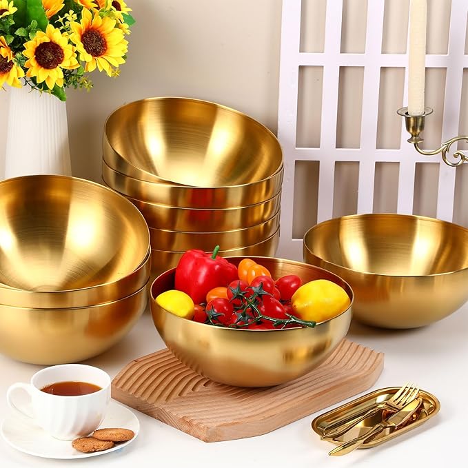 Nuogo 10 Pcs Stainless Steel Mixing Bowls Decorative Esthetician Bowls for Wedding Party Baking Prepping Serving Facial Food Salad Fruit Snack Soup Cereal(9.8 Inch,Gold)