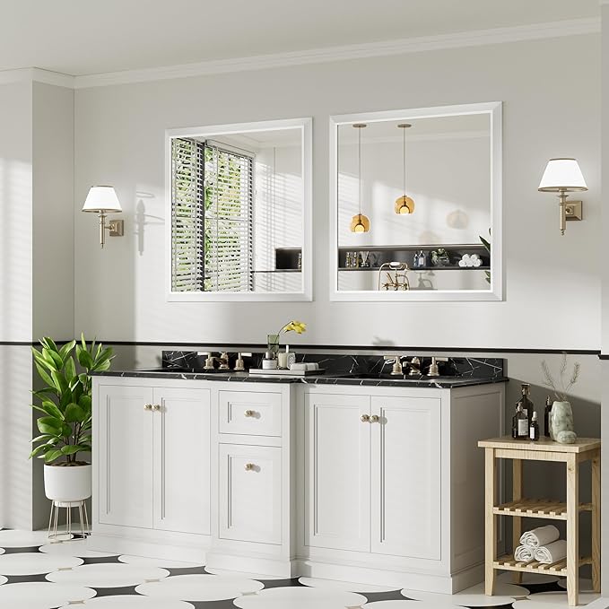 36x36 Inch White Bathroom Mirror for Wall, Thick Metal Framed Rectangle Mirrors for Over Sink, Bedroom, Living Room, Entryway, Anti-Rust, HD Tempered Glass