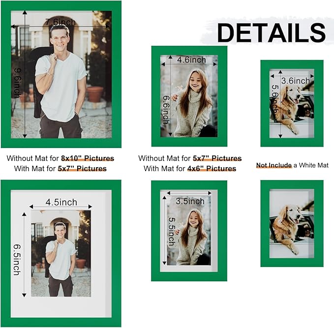 Vittanly 10 Pack Picture Frames Collage Wall Decor, Gallery Wall Frame Set with 2Pcs 8x10, 4Pcs 5x7 and 4Pcs 4x6 Photo Frames, Picture Frame Set for Wall Collage or Tabletop Display, Green