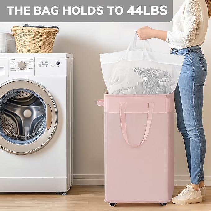 Goodpick Laundry Basket with Wheels, Dorm Room Essentials for Girls, 75L Collapsible Laundry Basket, Pink Laundry Hamper with Handle for College Dorm