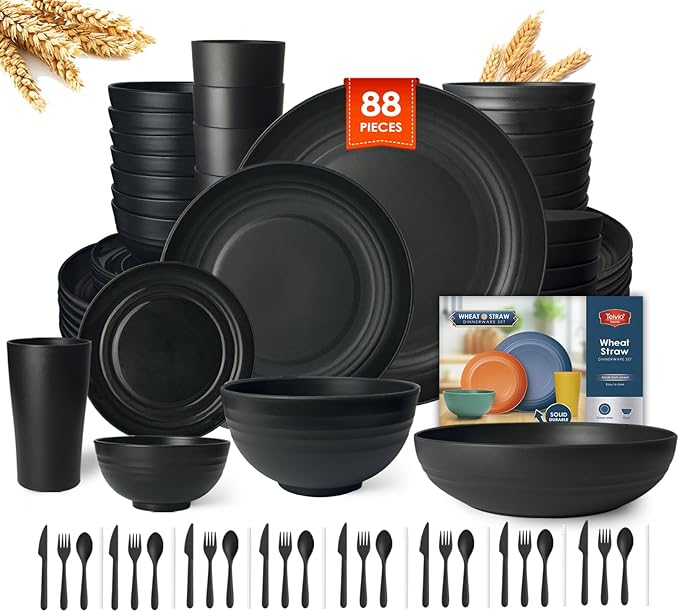 Teivio 88-Piece Kitchen Plastic Wheat Straw Dinnerware Set, Service for 8, Dinner Plates, Plates and Bowls Sets,Pasta Bowls,Cups, Flatware, Dishwasher Safe, Unbreakable Outdoor Camping Dishes, Black