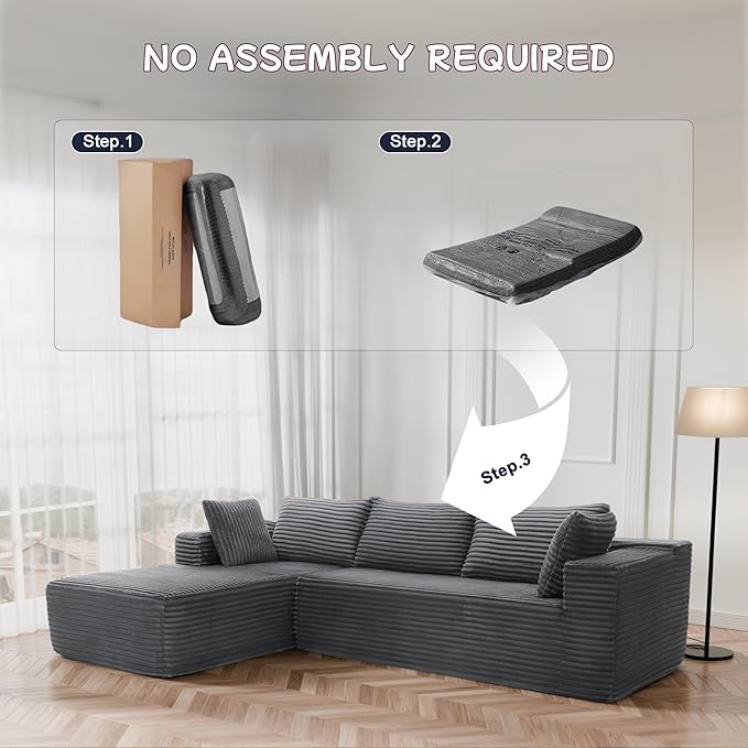 105" Cloud Sectional Couch with L-Shape Chaise,Modern Modular Sofa with Deep Seat, Fluffy Boneless Couches for Living Room Bedroom,No Assembly Required, Dark Gray (Plush Flannel Fabric)