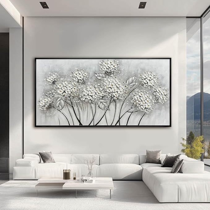 Kureful Large Artwork Flowers Oil Painting Modern Home Decorations Floral Canvas Pictures for Living Room Bedroom Kitchen Office 29" x 58" (White)