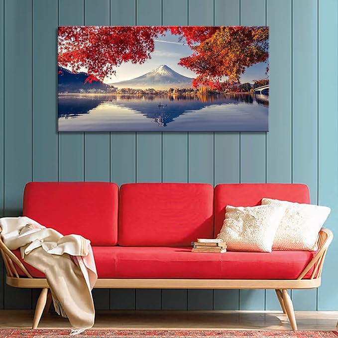 Canvas Prints Mountain Fuji with Morning Fog and red Leaves at Lake Kawaguchiko Nature Picture Wall Art Framed Artwork for Living Room Bedroom Kitchen Home and Office Wall Decor