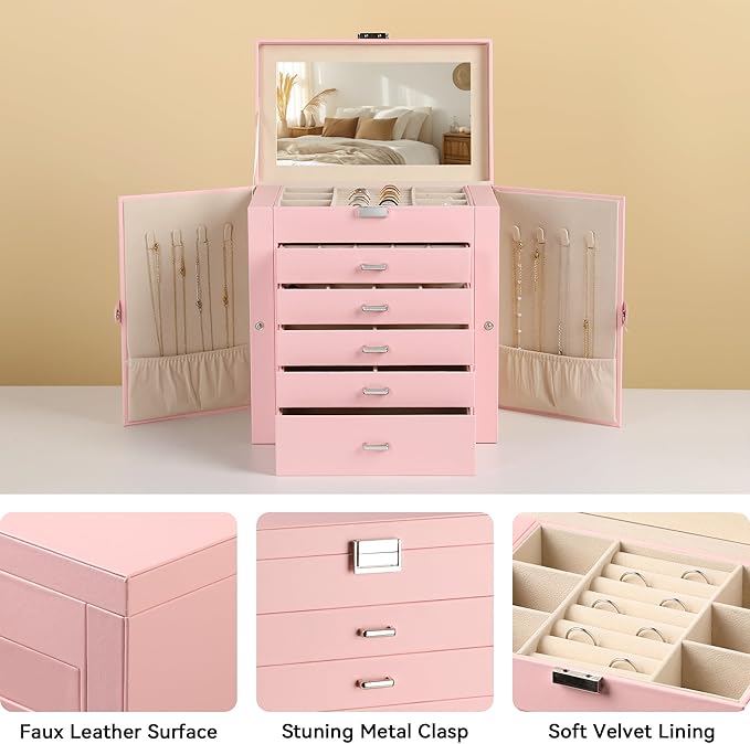 Frebeauty Large Jewelry Box,6-Tier PU Leather Jewelry Organizer,Multi-functional Storage Case with Mirror,Accessories Holder with 5 Drawers for Necklace Bracelets Watches(Pink)