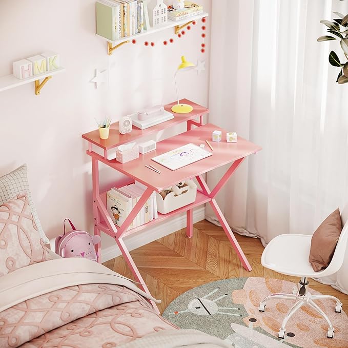 ODK Small Desk, 27.5 Inch Computer Desk for Small Spaces, Compact Desk with Storage, Study Table with Monitor Stand for Home Office, Pink