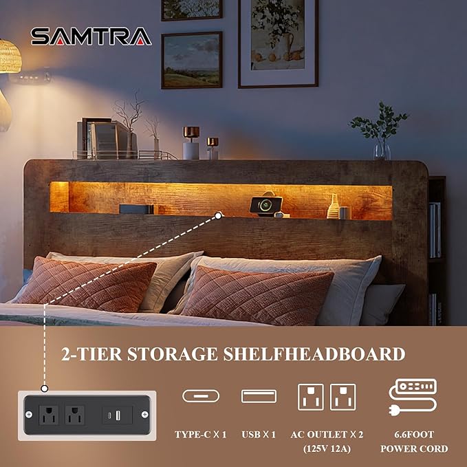 Wooden Bed Frame King Size with Storage Headboard - Farmhouse Platform Bed Frame with Bookcase Shelf & Led Lights, Sturdy Wood Slat Framework Bed Frame (Rustic Brown LED)