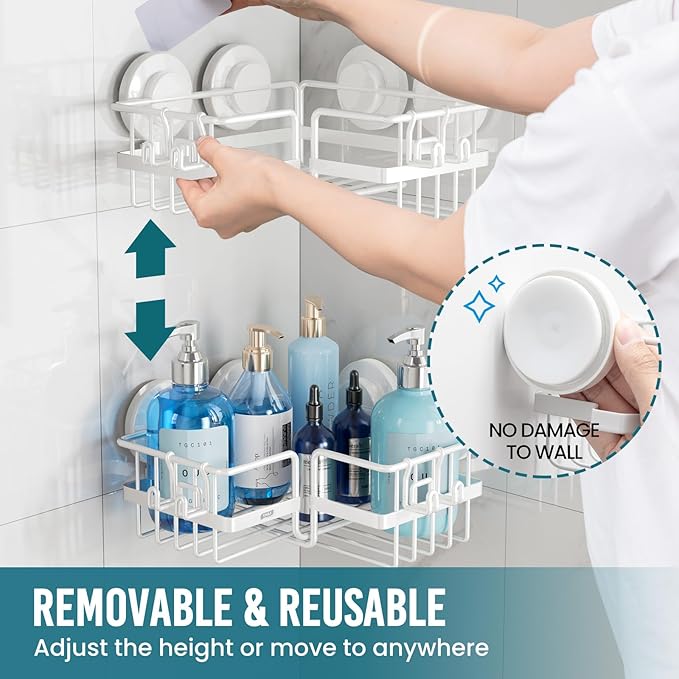 TAILI Corner-adaptive Suction Cup Shower Caddy 2 Pack, Stainless Steel Rustproof Corner Shower Shelves, Drill-Free Wall Mounted Baskets, Large Capacity Removable Suction Cup Bathroom Organizer, White