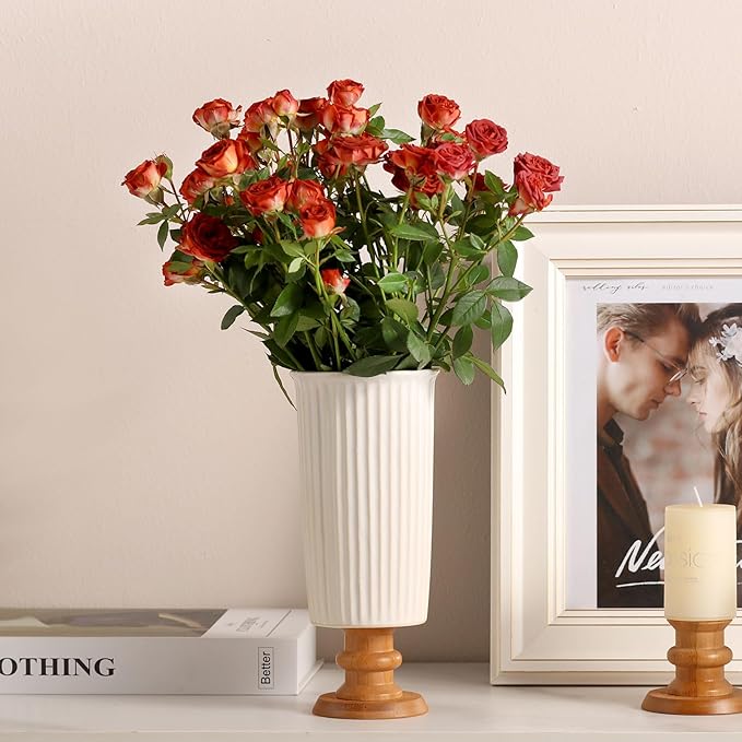 hjn White Cermaic Vase for Flowers Decor Vase with Wooden Base for Your Home Decor/Table/Kitchen/Office/Living Room-White (French Vertical Pattern)