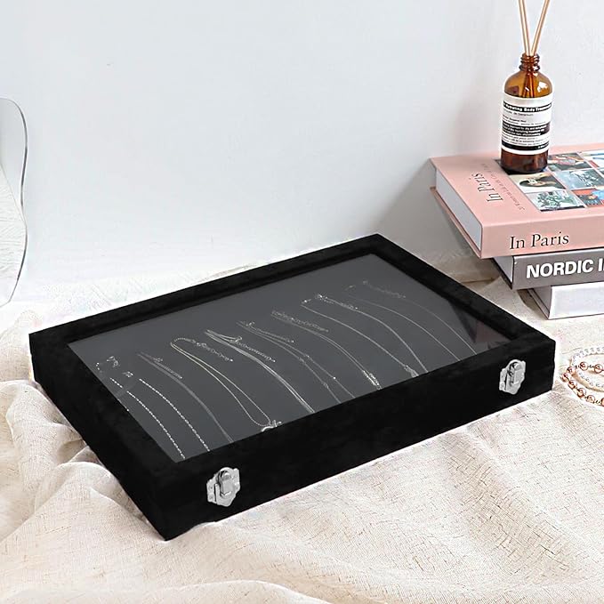 Wudygirl Jewelry Organizer Necklace Organizer Box 20 Hooks Necklaces Holder Display Case Black Velvet Jewelry Organizer with Clear Lid(Black Necklace Tray)