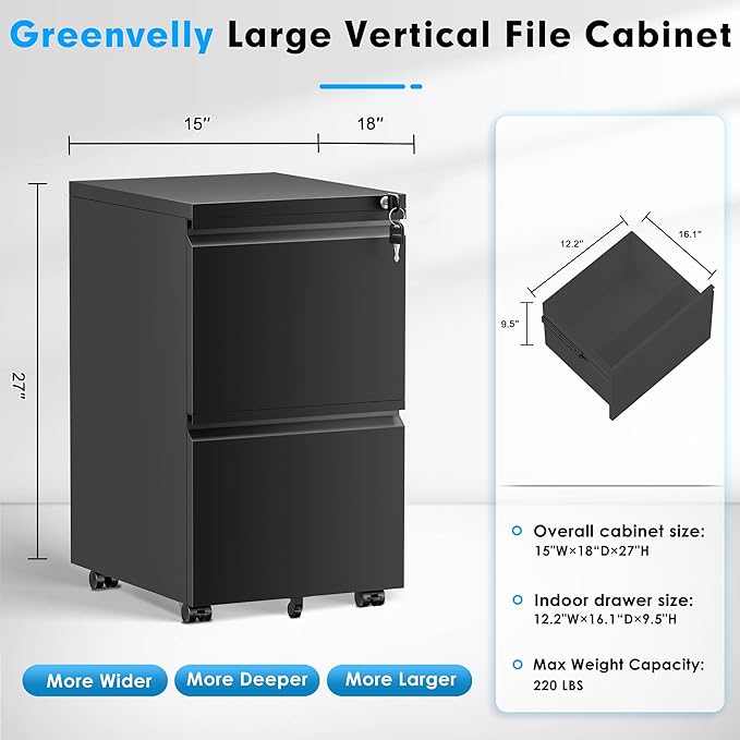 Greenvelly 2 Drawer Mobile File Cabinet with Lock, Metal Filing Cabinet on Wheels, Under Desk File Cabinet for Home Office Organizer Letter/Legal/A4 File (Assembly Required, Black)