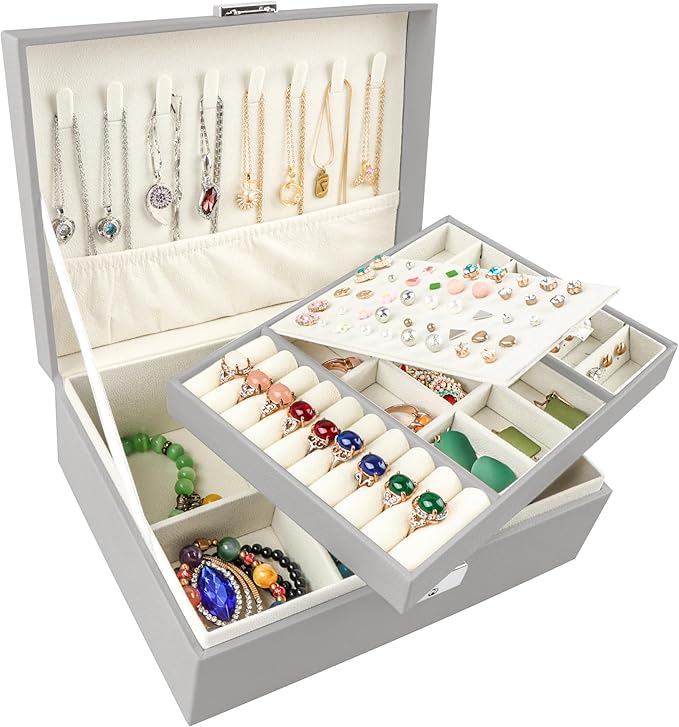 Homeanda Jewelry box 2 layer Jewelry box Leather Jewelry boxes for Women Girls Teens Jewelry organizer box Jewelry Storage box with lock(Grey)