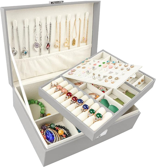 Homeanda Jewelry box 2 layer Jewelry box Leather Jewelry boxes for Women Girls Teens Jewelry organizer box Jewelry Storage box with lock(Grey)