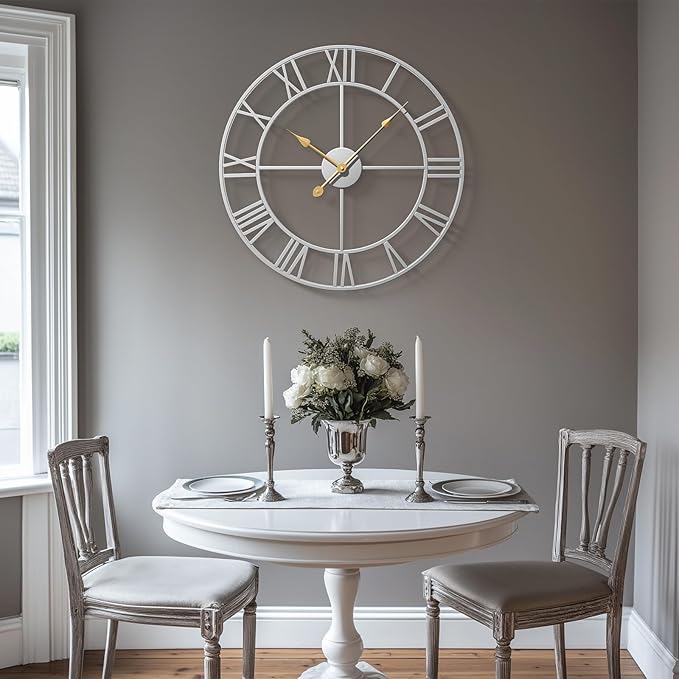 Silver Wall Clock for Living Room Decor, 24 Inch Large Metal Wall Clock Modern Luxury Roman Numeral Analog Battery-Operated Round Decorative Clocks for Bedroom, Kitchen, Office