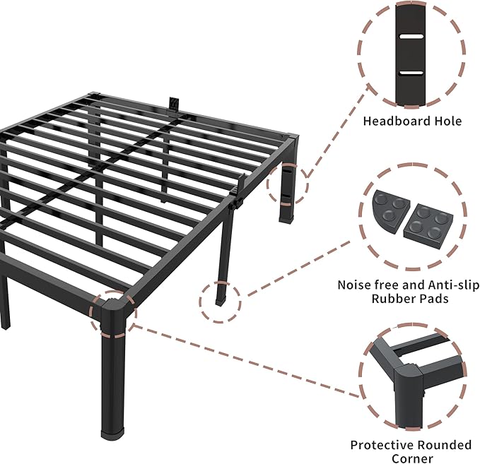 ROIL 12 inch California King Size Bed Frame Metal Platform No Box Spring Needed with Headboard Hole Round Corner Legs Mattress Retainers 3500LBS Heavy Duty Steel Slats Noise-Free Storage