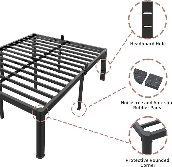 ROIL 14 inch King Size Bed Frame Metal Platform No Box Spring Needed with Headboard Hole Round Corner Legs Mattress Stoppers Retainers 3500LBS Heavy Duty Steel Slats Noise-Free