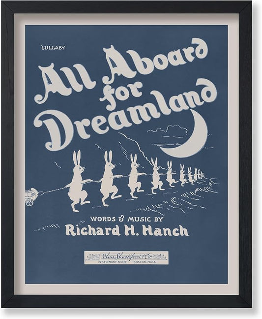 Poster Master All Aboard For Dreamland - Retro Children's Lullaby Print - Story Book Art - Bunny and Rabbit - Aesthetic Kid's Bedroom or Nursery Wall Decor - 16x20 UNFRAMED