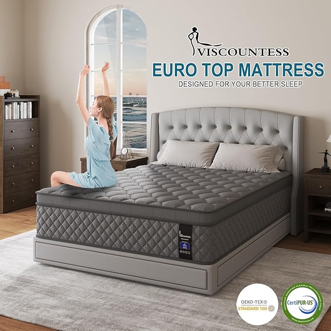 King Mattress, 12 Inch Hybrid Mattresses Grey Medium Firm Euro Top for Back & Lumbar Support, 100 Night Trial, Individual Pocket Spring for Motion Isolation & Pressure Relief