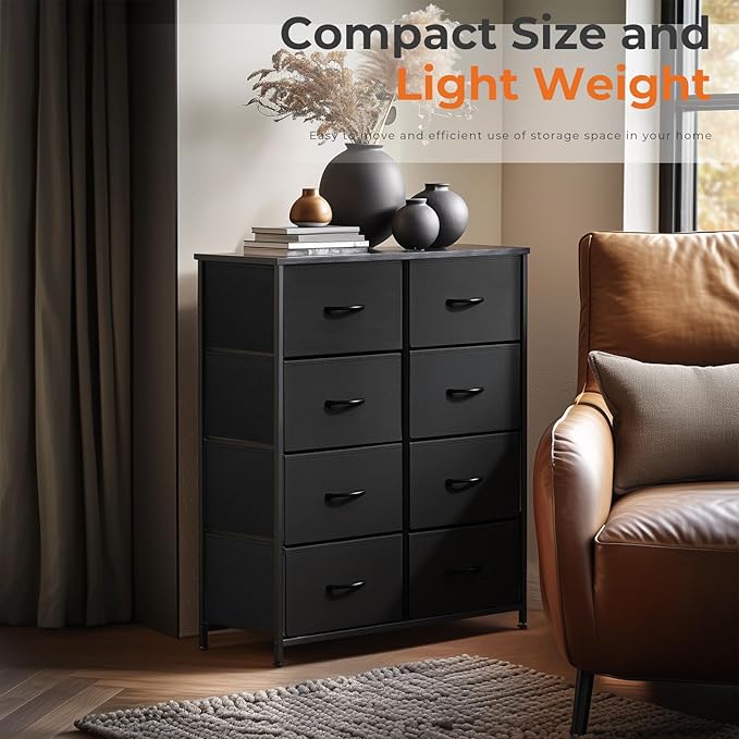 Sweetcrispy Dresser with 8 Drawers for Bedroom, Fabric Dresser Storage Tower, Chest of Drawers Organizer Unit, Storage Cabinet for Hallway, Closets, Steel Frame, Wood Top