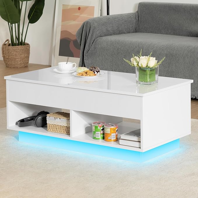 HOMMPA Lift Top Coffee Table with Storage for Living Room, Modern High Glossy LED Coffee Table, 3 Tiers Wood Center Tea Table with 2 Open Shelves, White