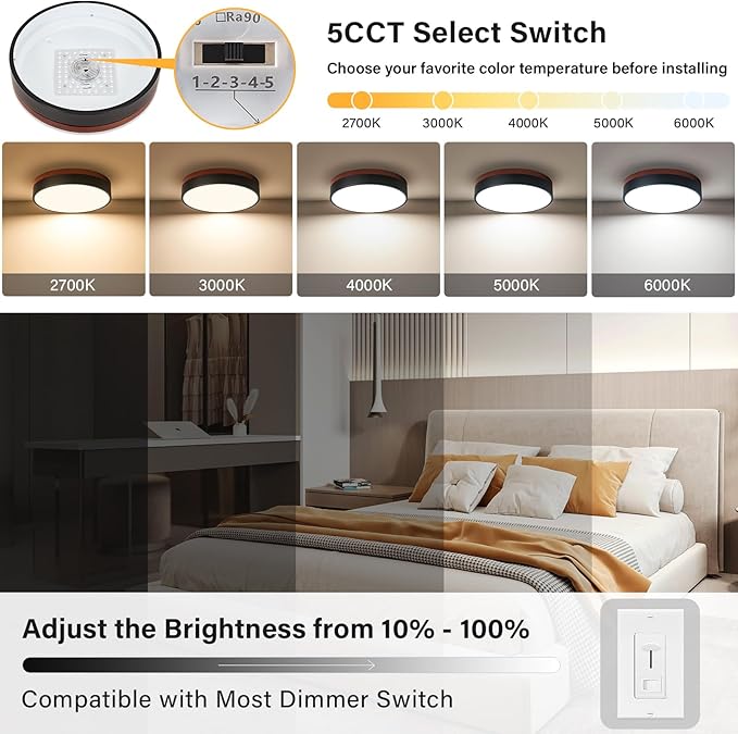 LED Ceiling Light Dimmable, Black and Wood Flush Mount Ceiling Light Fixture 5CCT in One, Minimalist Round Ceiling Lamp Modern Lighting for Kitchen, Bedroom, Hallway, Laundry Room, 11.8 Inch
