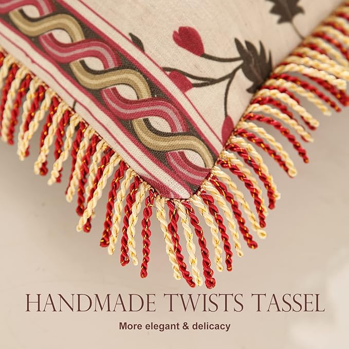 patdrea Designer Throw Pillow Covers 12"x20",Vintage Red Flying Bird Pattern Linen Pillowcases with Tassel Edges Pillows Cover for Couch,Decorative Lumbar Cushion for Bed Outdoor Car,Set of 2