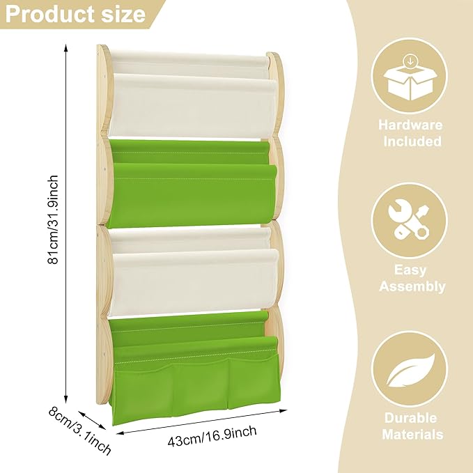 Wooden Wall Mounted Bookshelf for Kids Rooms, 4 Tier Floating Nursery Book Shelf, Kids Bookshelf with 2 Pockets, Toddler Sling Book Rack with Deep Sleeves (Green)