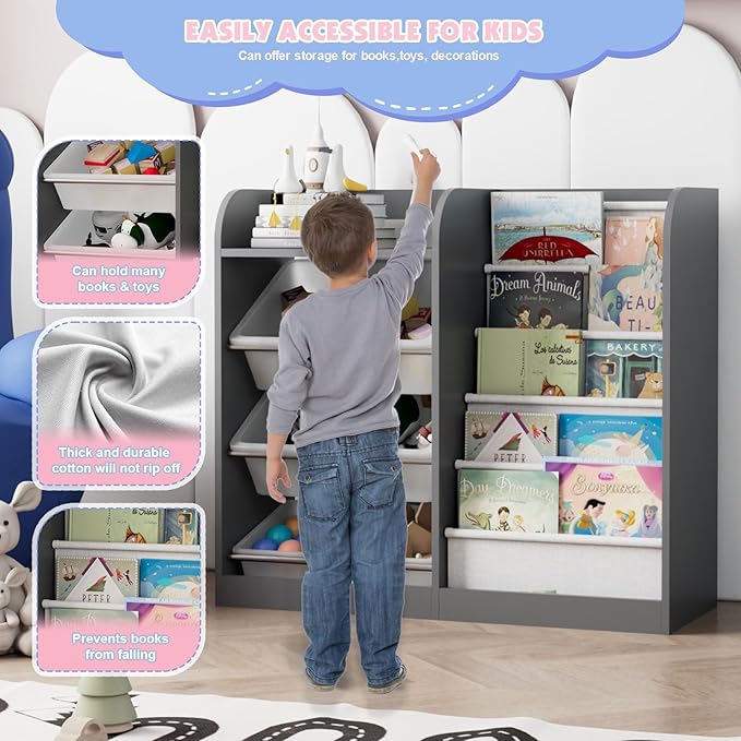 Grey Kids Wood Bookshelf Toy Storage Box Organizer Shelf W/4 Removable Plastic Toy Bins Children Bookcase Toddler Baby Sling Book Rack Cabinet Chest Girl Boy Gift Playroom Classroom Bedroom Nursery