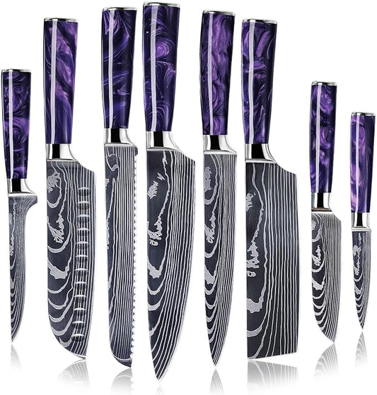 SENKEN 8-Piece Japanese Knife Set with Blue Resin Handle and Laser Damascus Pattern - Cerulean Collection - Chef's Knife, Cleaver, Santoku Knife, Bread Knife, Paring Knife, & More (Amethyst Purple)
