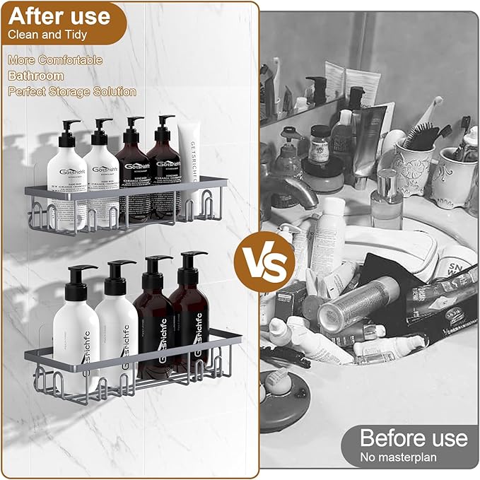 2025 New Adhesive Shower Caddy, Shower Shelves with 16 Hooks, Grey 2 Pack