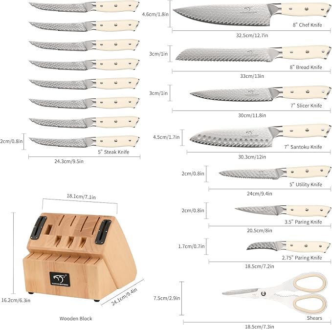 NANFANG BROTHERS Knife Set, 19-Piece Damascus Kitchen Knife Set with Block, ABS Ergonomic Handle for Chef Knife Set, Knife Sharpener and Kitchen Shears, Knife Block Set