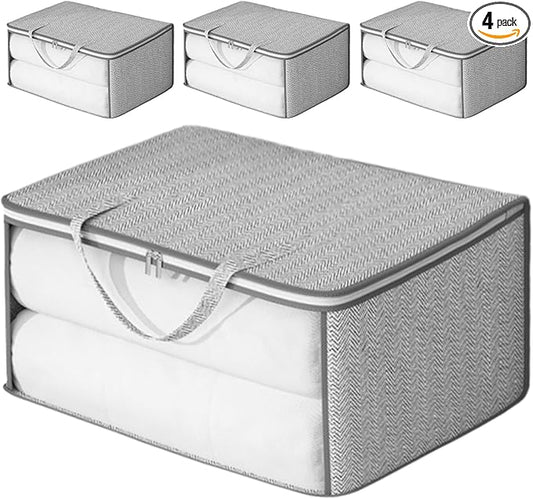 4 Pack Grey Comforter Storage Bags, Clothes Storage Bags, Collapsible Closet Organizers with Reinforced Handles, Heavy-Duty Storage Totes for Clothes & Comforters