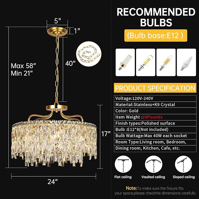 Gold Crystal Chandeliers for Dining Room Light Fixture, 24" Modern Round Chandeliers，8 Lights Luxury Ceiling Pendant Ceiling Lighting for Dining Room Bedroom Entryway Foyer Staircase