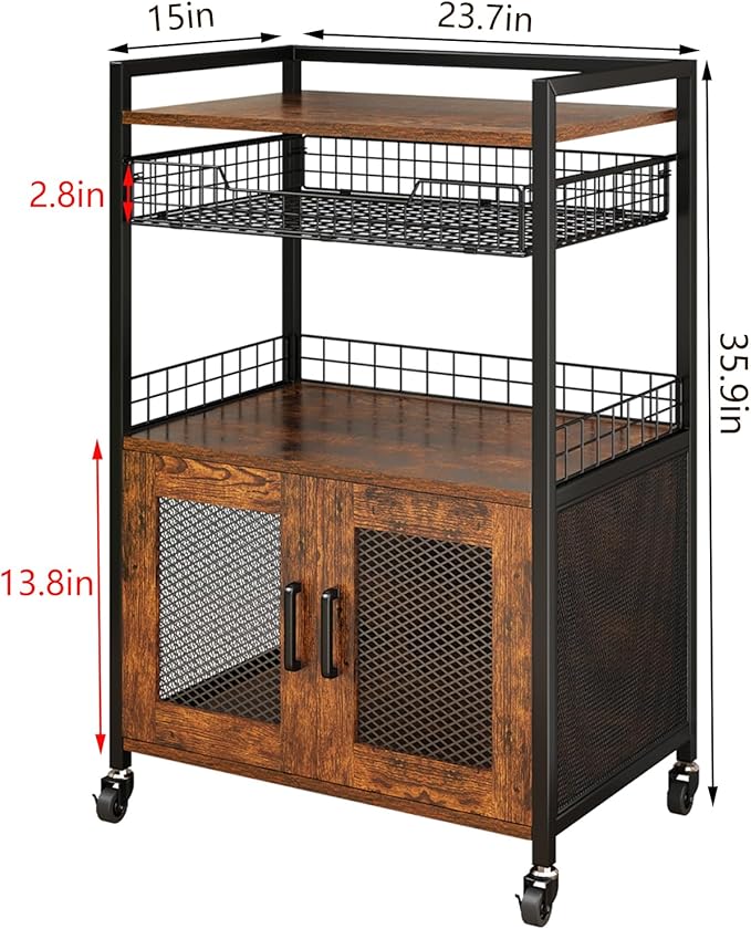 Coffee Bar Cabinet, 3 Tier Coffee Station Table on Wheels, 35.9" H Bar Cart with Wire Basket Drawer & 5 Hooks for Home Kitchen, Liquor Buffet Sideboard Cabinet (Rustic Brown)