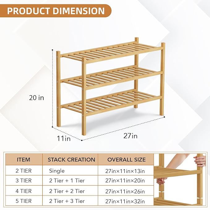 3 Tier Bamboo Shoe Rack Storage Organizer for Closet, Multifunctional Stackable Free Standing Shoe Shelf Organizer for Small Space,Entryway,Hallway,Bathroom 27"x11"x20" (Natural, 3 Tier)